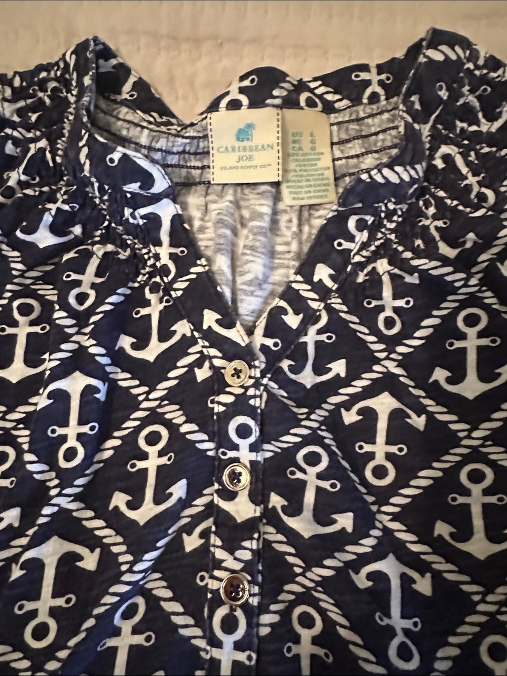Caribbean Large Joe Navy and White Anchor-Print Button Front Top sleeveless